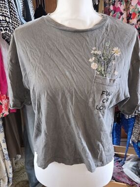 Love Nation Olive Gray Floral Pocket Tee